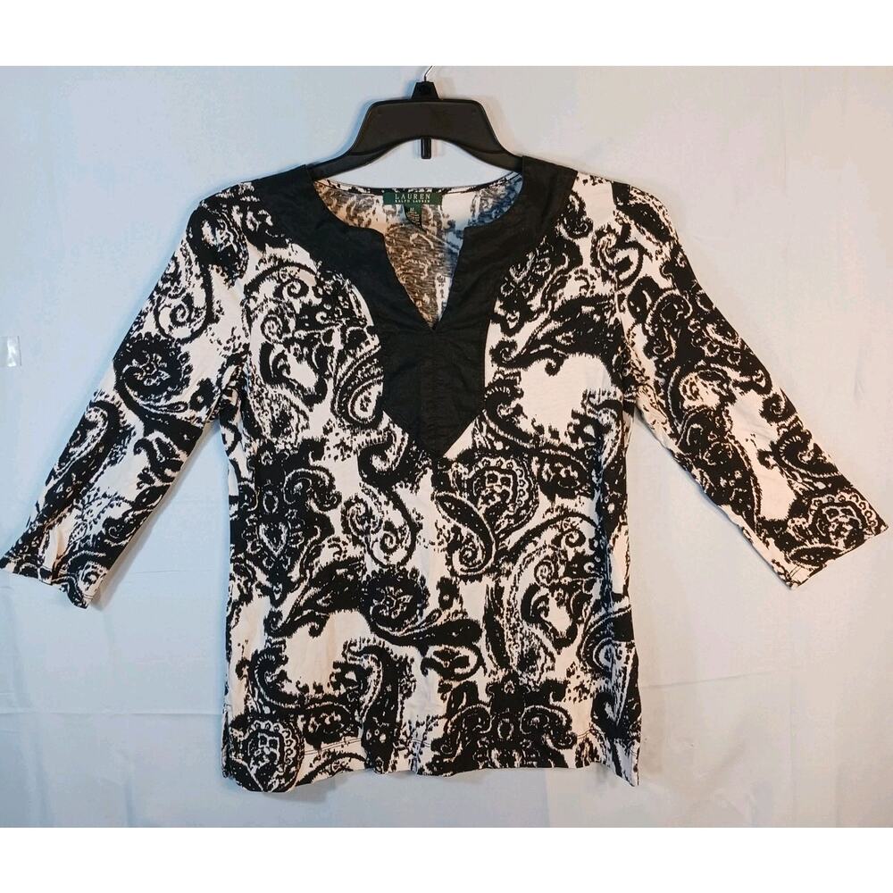 Lauren Ralph Lauren Top Medium Womens Black White Paisley 3/4 Sleeve Notch Neck